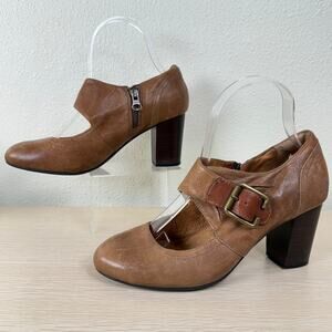 Clarks Indigo Brown Buckle Mary Jane Heels Academia Whimsy Twee Mod Heritage 7.5